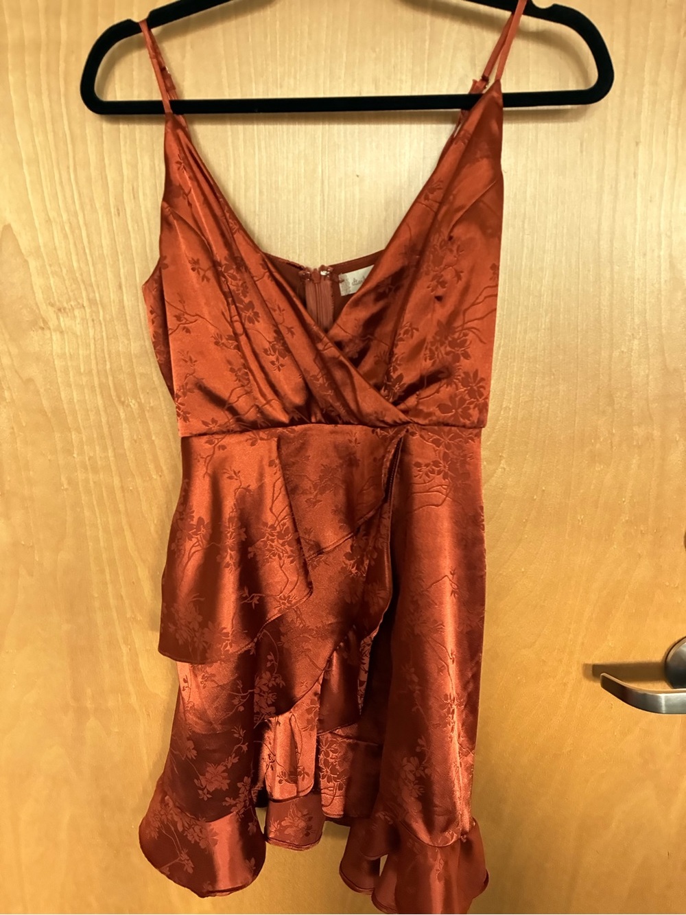 Altar’d State Rust Satin Floral embossed Ruffle Slip Dress. Size Large